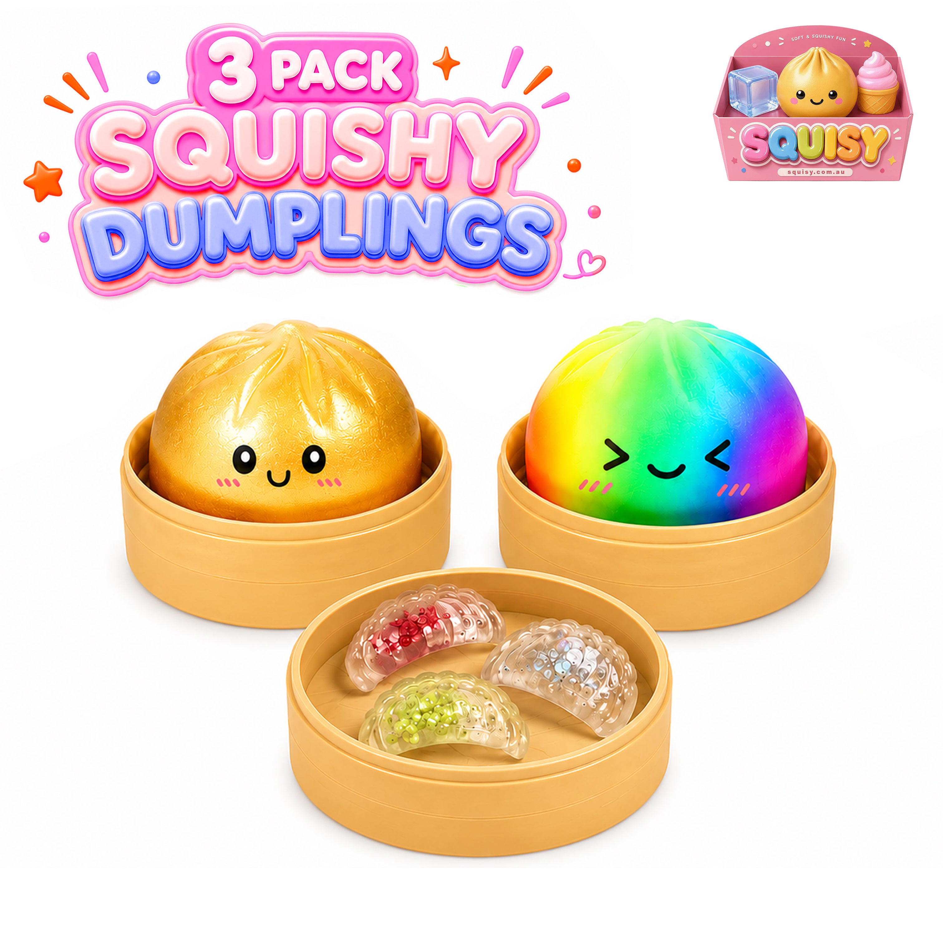 3 Pack Dumpling Squishy - Slow Rise + Rainbow+Shrimp