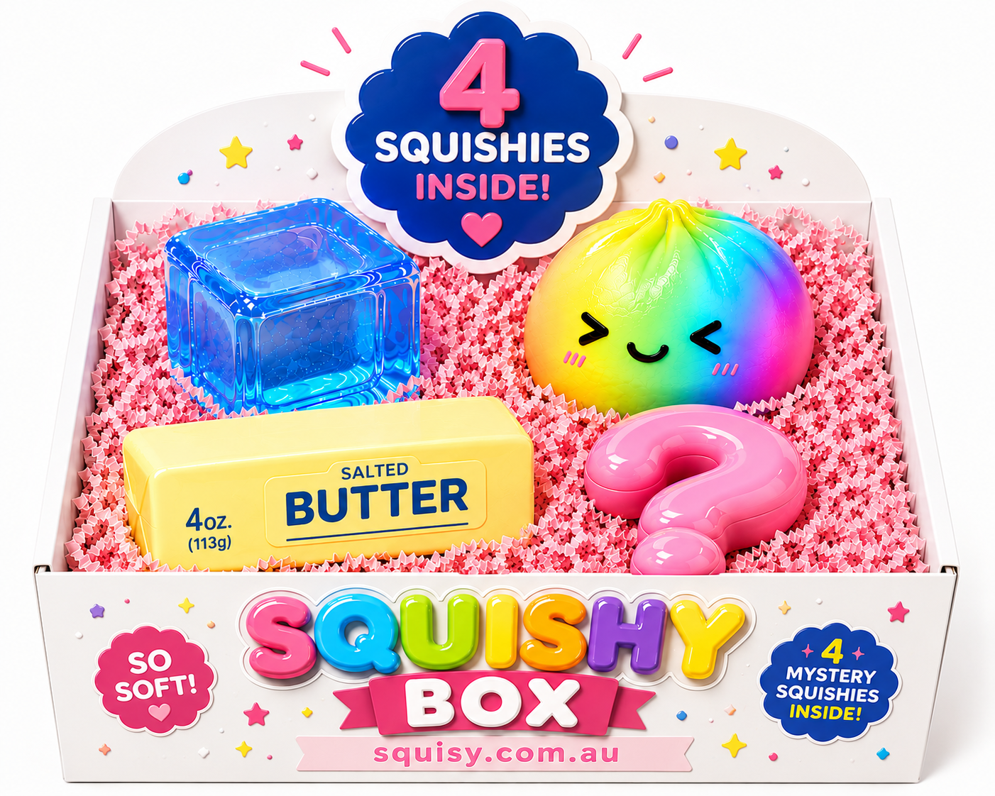 4-Piece Squishy Lucky Box –  Random Squishy & Ice Cube & Butter & Rainbow Dumpling